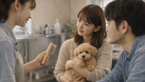 トリマーから子犬の扱い方を学ぶ飼い主の様子