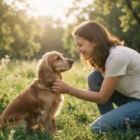 芝生の上で飼い主が愛犬の目を見つめ、愛犬のチャームポイントに気づこうとしている穏やかな時間