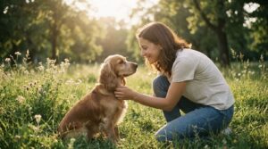 芝生の上で飼い主が愛犬の目を見つめ、愛犬のチャームポイントに気づこうとしている穏やかな時間