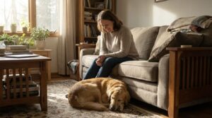 リビングでくつろぐ愛犬を見守りながら、愛犬のチャームポイントを観察する飼い主の様子