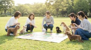 芝生の上で飼い主と愛犬が集まり、すごろく形式のゲームを楽しんでいる様子