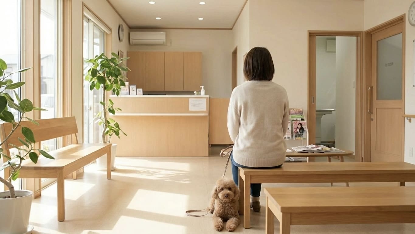 動物病院の待合室で、飼い主さんの足元に座って静かに順番を待つ小型犬