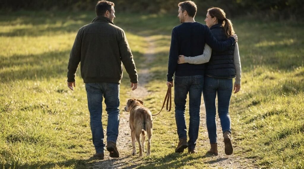 家族で散歩をしながら、同じ視点で愛犬のチャームポイントを共有する穏やかなドッグライフ