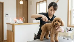 トリミング中、立った姿勢でカットされる犬と集中するトリマー