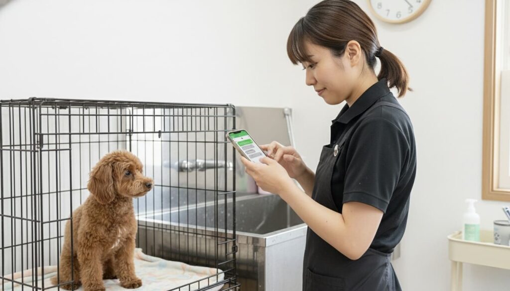 トリミングサロンでスマートフォンのメッセージを確認するトリマー