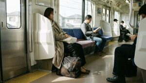 犬用キャリーに入った愛犬と電車で移動する様子