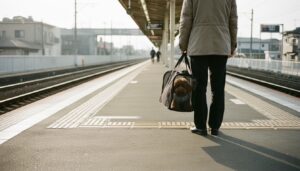 社会化期に愛犬と電車移動を経験するため駅で待つ飼い主