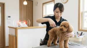 トリミングサロンで作業中のトリマーと犬、電話対応が難しい現場の様子