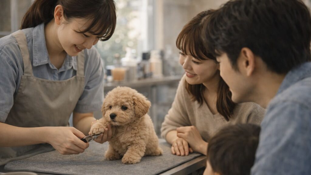 家族が見守る中ではじめてトリミングを体験する子犬