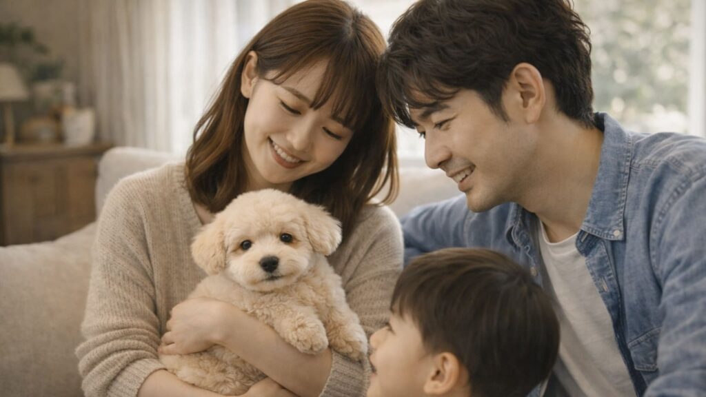 はじめてのトリミングを終えて安心した表情の子犬と家族