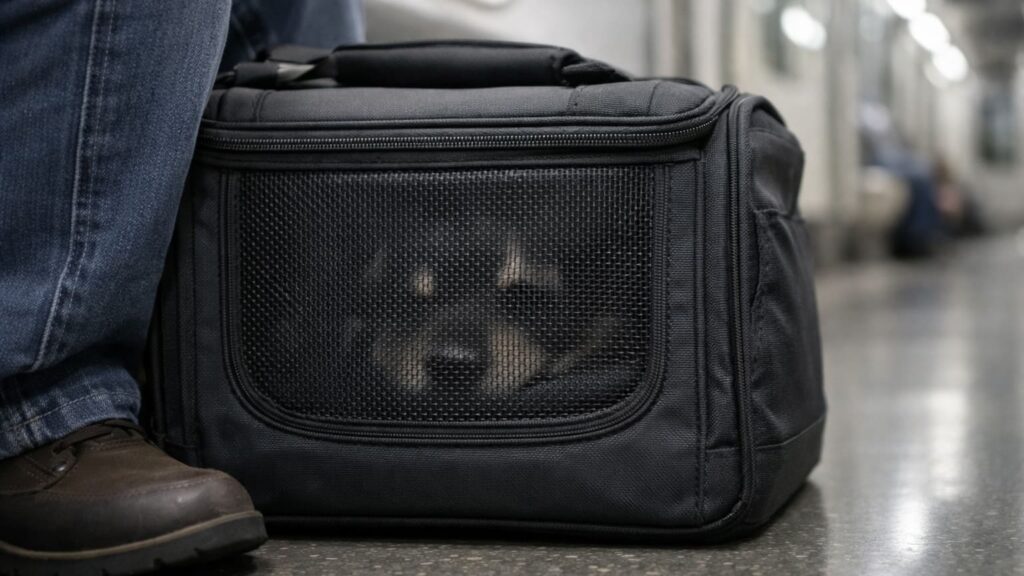 地下鉄車内でキャリーに入った愛犬が周囲を観察している様子