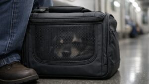 地下鉄車内でキャリーに入った愛犬が周囲を観察している様子