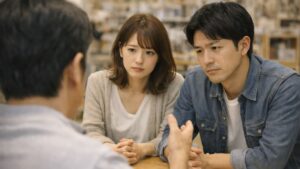 専門家に相談しながら、真剣な表情で話を聞く若い夫婦。犬を迎える前に不安や疑問を整理し、冷静に判断しようとしている様子。