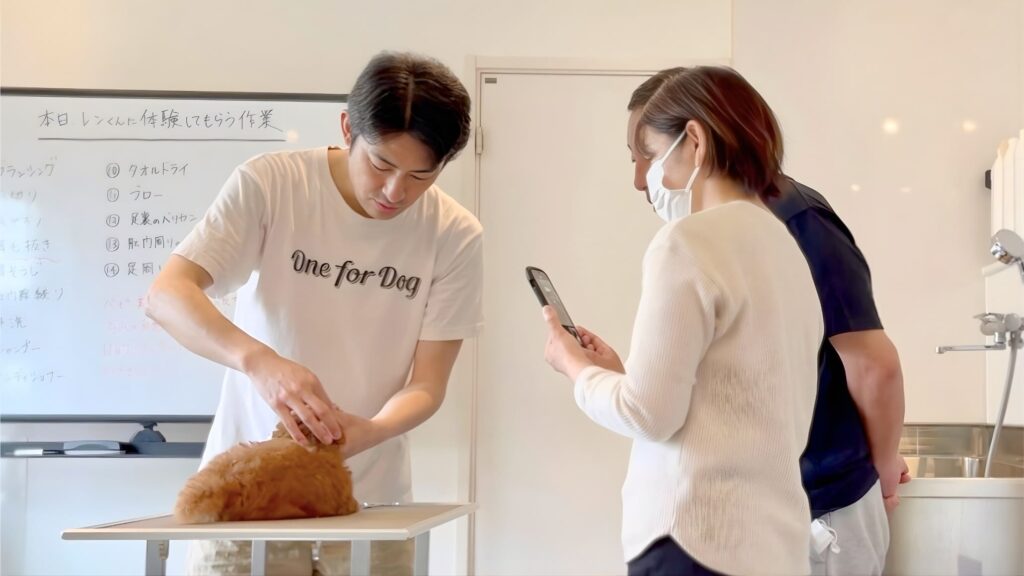 トリマーが飼い主に愛犬のブラッシング方法を指導しているお手入れ教室の実技風景