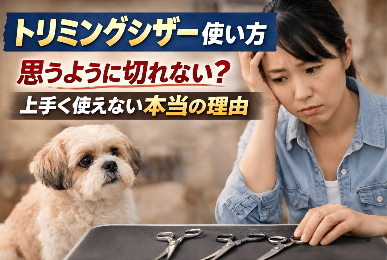 トリミングシザーが思うように使えず悩む飼い主と愛犬。テーブルに並べたハサミを見つめている様子