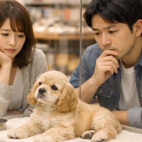 ペットショップで仔犬を見つめながら、迎える決断に迷う若い夫婦。かわいさだけでなく、その先の暮らしを真剣に考えている時間。