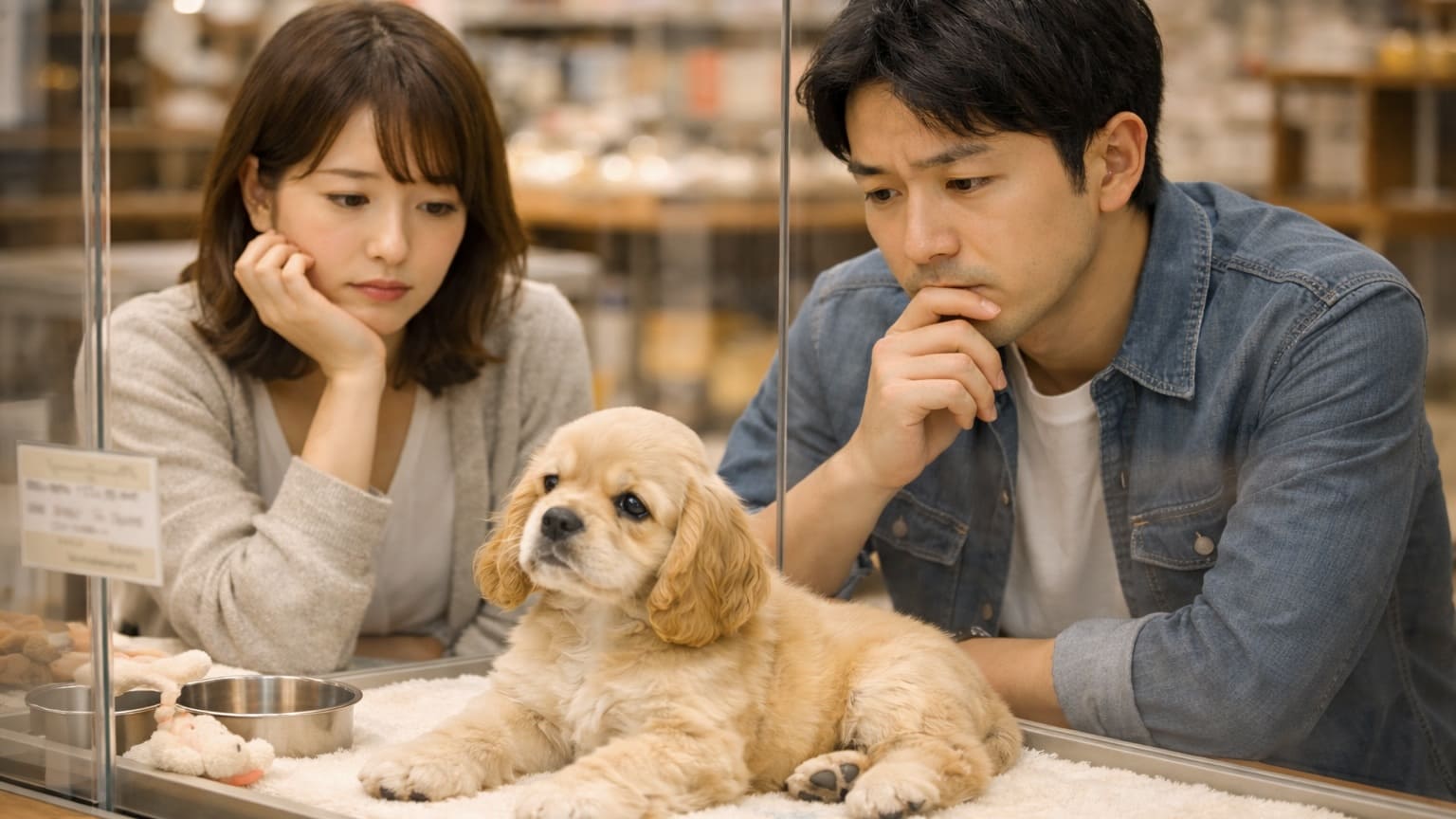 ペットショップで仔犬を見つめながら、迎える決断に迷う若い夫婦。かわいさだけでなく、その先の暮らしを真剣に考えている時間。