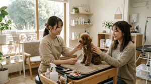 子犬のトリミング初体験で飼い主が見守る様子