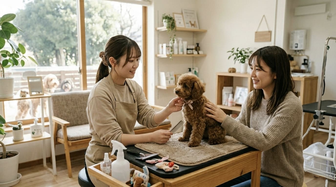 子犬のトリミング初体験で飼い主が見守る様子