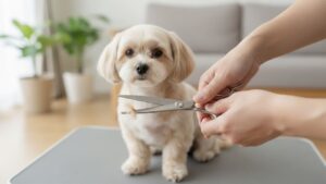 トリミングシザーは刃先で切るのが基本。犬の毛を先端で少量カットしている場面