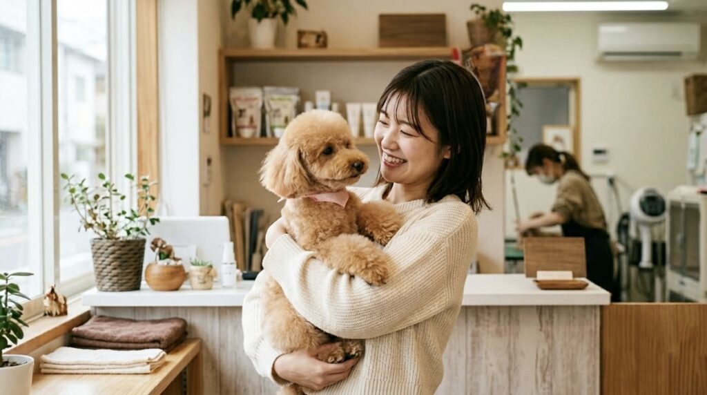 トリミング後に安心した子犬と飼い主の様子