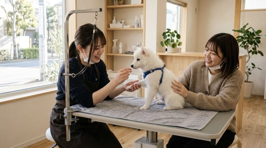 ワクチン前の子犬が飼い主同席でトリミング体験する様子