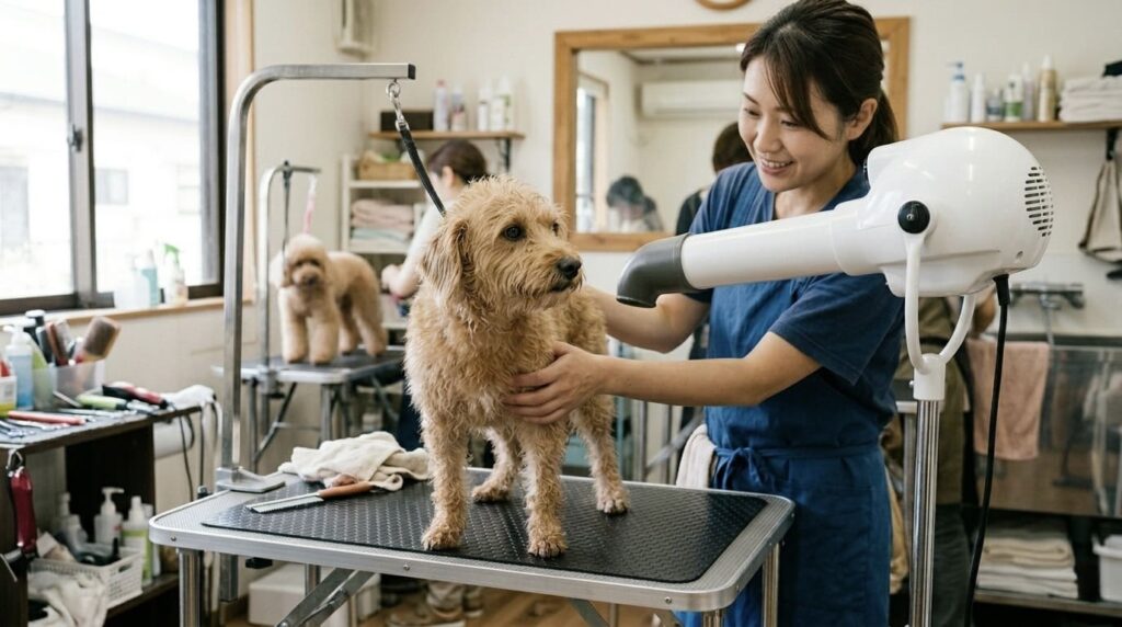 トリミングに慣れていない犬がドライヤーに緊張する様子