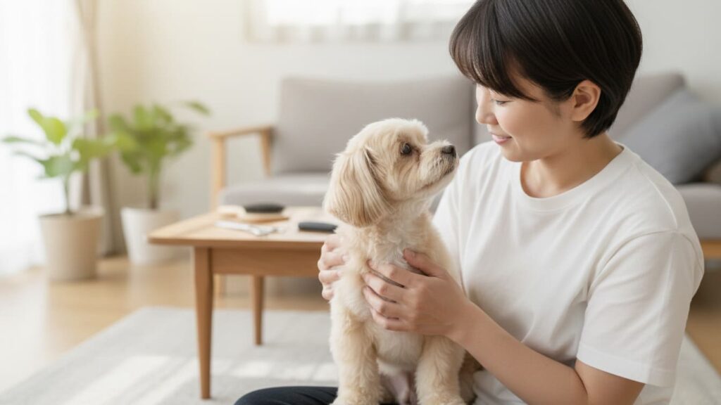 トリミング前に愛犬とアイコンタクトを取り落ち着かせている飼い主の様子