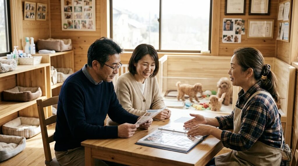 ブリーダーと会話をしながら犬を迎える相談をする日本人夫婦