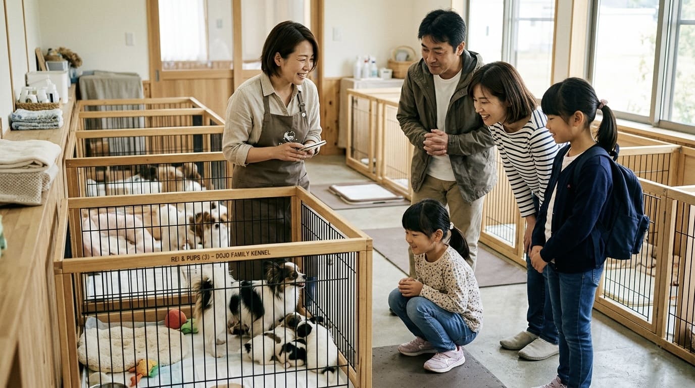 ブリーダー施設で親犬や仔犬の育つ環境を見学する家族