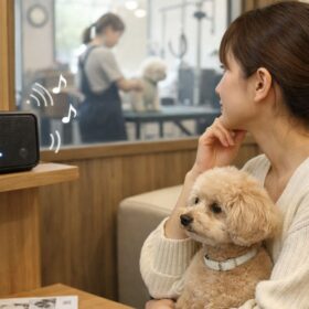 トリミングサロンの待合室で、ラジオが流れるスピーカーに耳を傾けながら愛犬を抱いて座る飼い主の様子