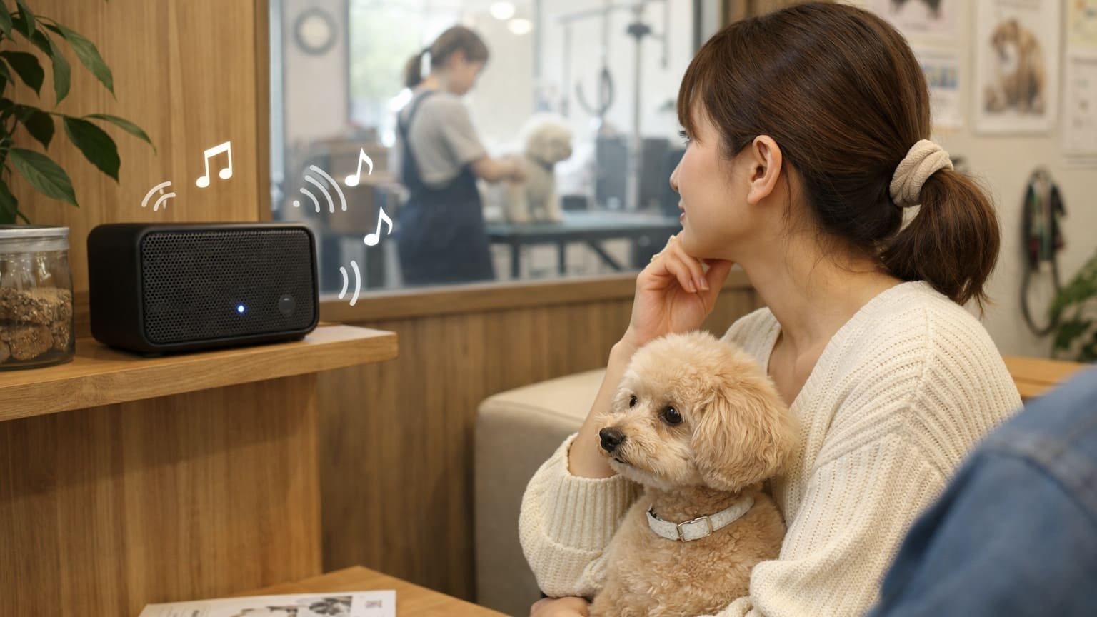 トリミングサロンの待合室で、ラジオが流れるスピーカーに耳を傾けながら愛犬を抱いて座る飼い主の様子