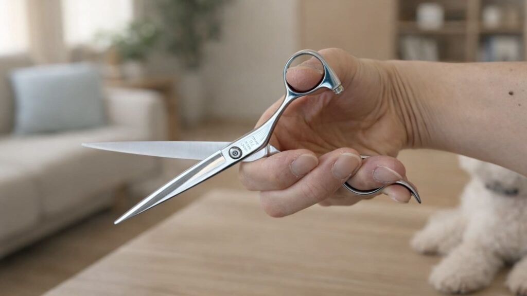 トリミングシザーの正しい持ち方。親指と薬指をリングに入れ、人差し指で支えた状態の手元アップ写真