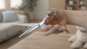 トリミングシザーの正しい持ち方。親指と薬指をリングに入れ、人差し指で支えた状態の手元アップ写真