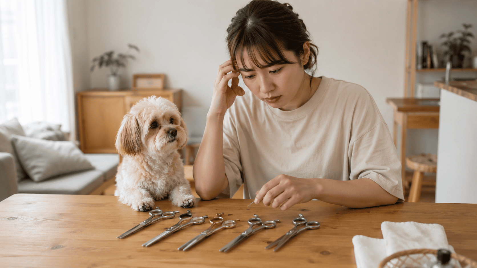複数のトリミングシザーを前に、飼い主さんが困った表情で手を止めている様子。隣では愛犬が不安そうに見上げており、家庭でのお手入れの難しさと優しさが同居するリアルなワンシーン。