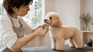 ベテラントリマーが小型犬を落ち着かせながらカットしている横構図。無駄な力みのない静かなシザーワークと、安心して立っている愛犬の姿が印象的なシーン。