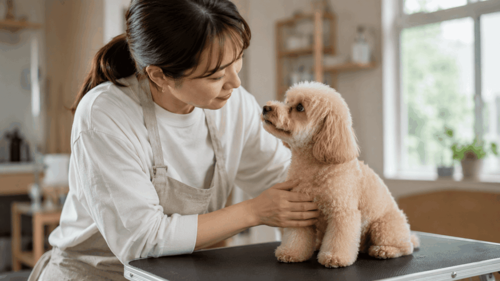 飼い主さんが小型犬と優しくアイコンタクトを取りながら、安心させるように身体へ触れている様子。トリミング前の信頼関係づくりを感じる、温かく落ち着いたシーン。