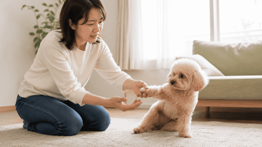 愛犬の前足を持とうとする飼い主さんと、少し戸惑いながら身体を引く小型犬。爪切りへの不安やコミュニケーションの難しさを表した場面。