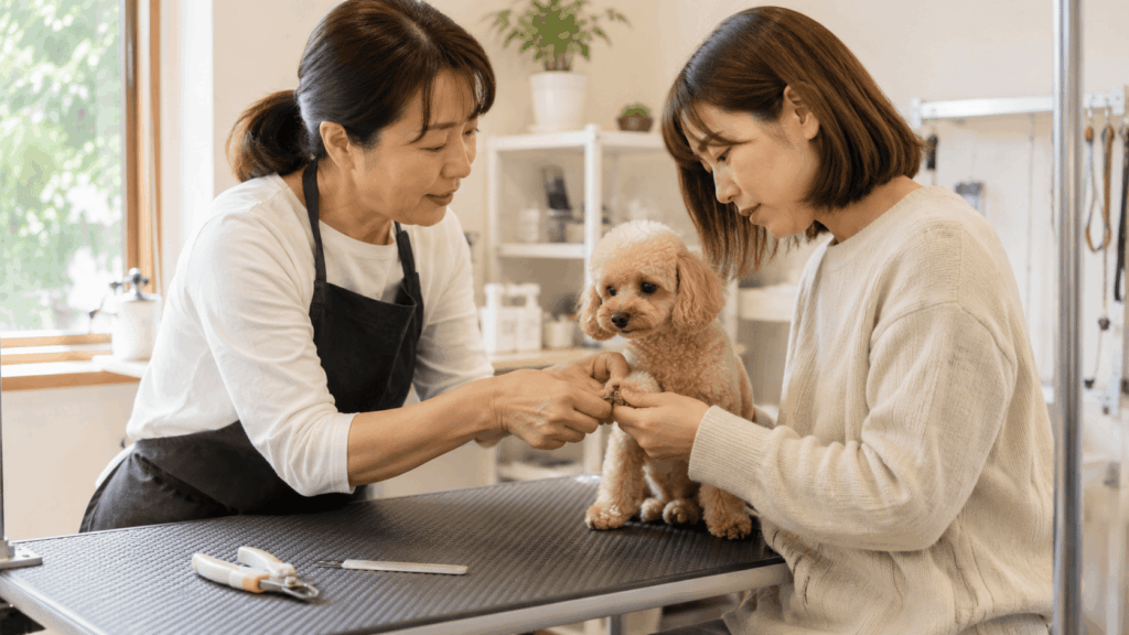飼い主さんが愛犬の前足を優しく触りながら爪切りの練習をしている様子。テーブルには爪切りとヤスリが置かれ、信頼関係を築きながらお手入れを学んでいる。
