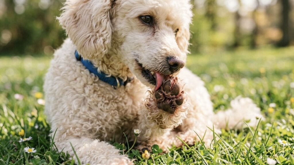 犬 花粉症の症状で足先を舐める様子