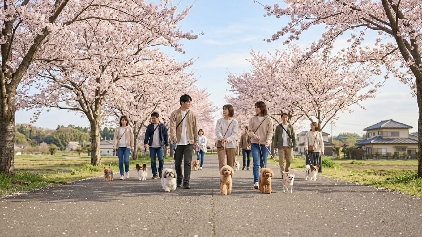 桜並木の春の道を、複数の飼い主と愛犬たちが落ち着いて歩く、お花見パックウォークのイメージ