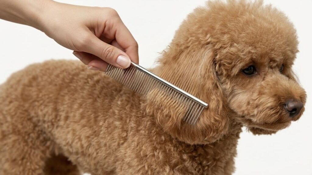 犬の被毛をコームで梳かして乾き具合を確認している様子