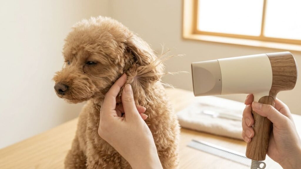 犬の被毛をかき分けて根元に風を当てて乾かしている様子