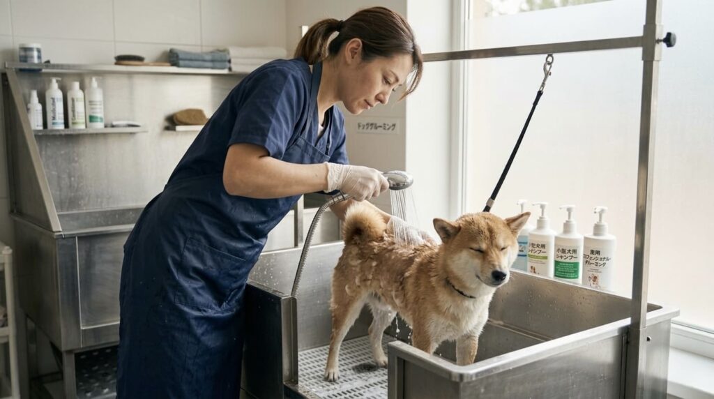 トリミングサロンでシャンプーされる犬