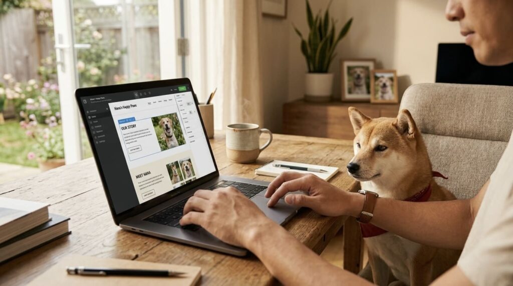 ノートパソコンで犬のホームページを編集している男性の手元。机の横には犬が座っている。温かい雰囲気のホームオフィス。自然光。リアル写真風。横長16:9。文字なし。