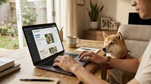 ノートパソコンで犬のホームページを編集している男性の手元。机の横には犬が座っている。温かい雰囲気のホームオフィス。自然光。リアル写真風。横長16:9。文字なし。