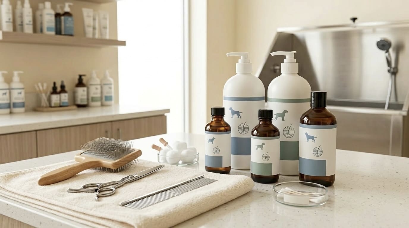 犬用薬用シャンプーとトリミング道具
