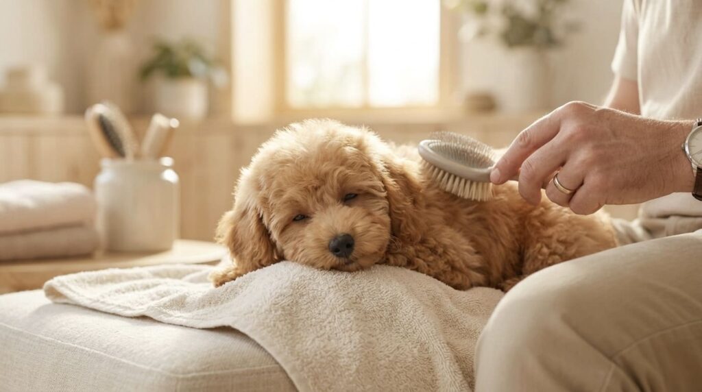 若いトイプードルの子犬が優しくブラッシングされている様子。安心した表情。明るい室内。トリミングの優しい雰囲気。リアル写真風。16:9。文字なし。