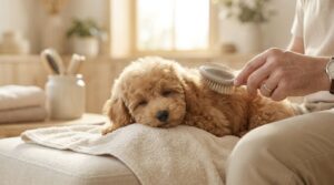 若いトイプードルの子犬が優しくブラッシングされている様子。安心した表情。明るい室内。トリミングの優しい雰囲気。リアル写真風。16:9。文字なし。