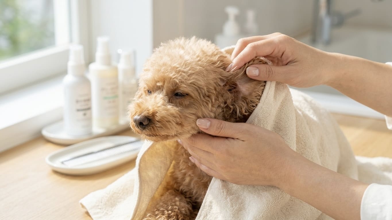 犬のタオルドライを丁寧に行う飼い主の手元